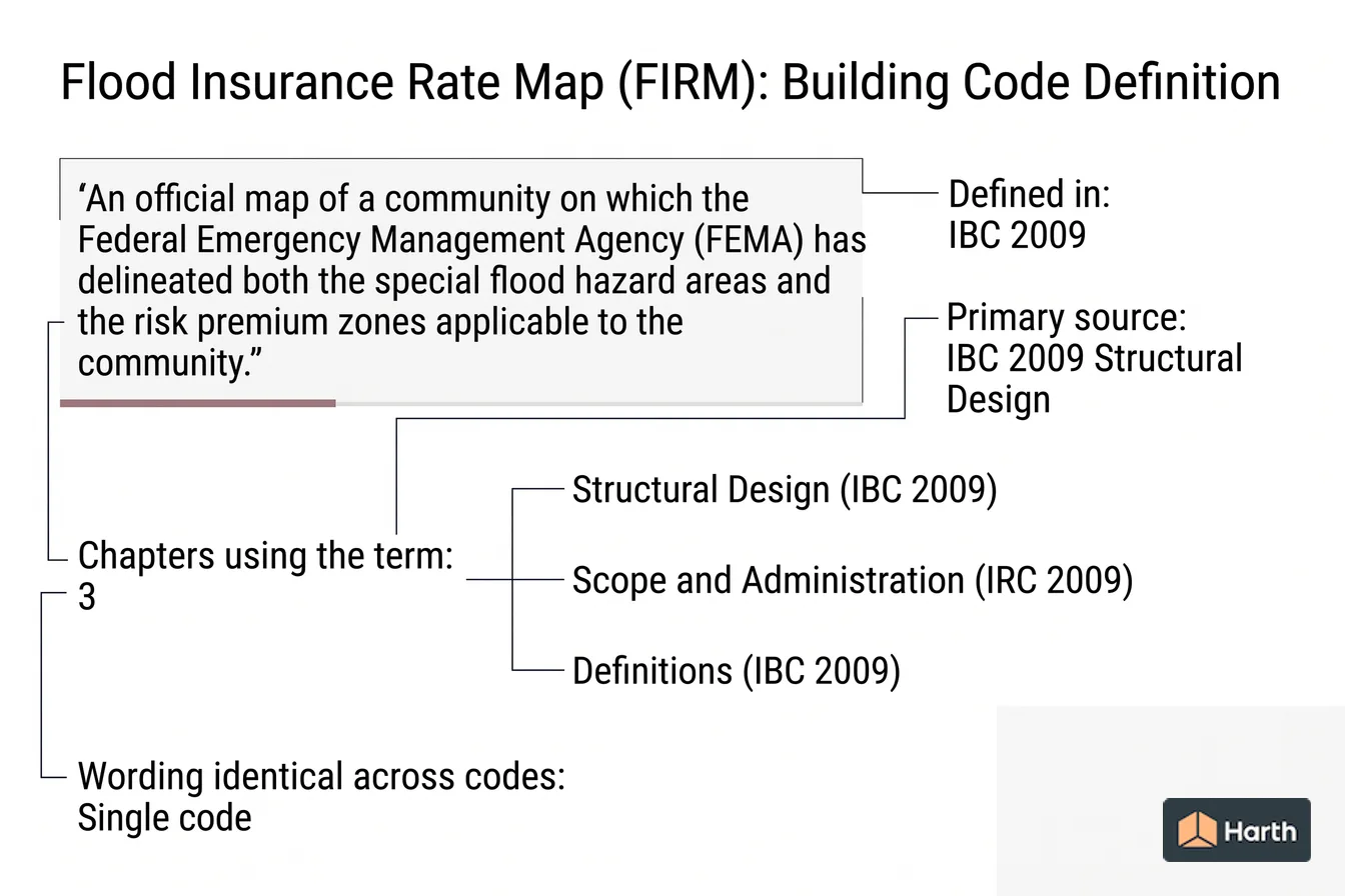 Labeled code-term definition diagram: Flood Insurance Rate Map (FIRM): Building Code Definition
