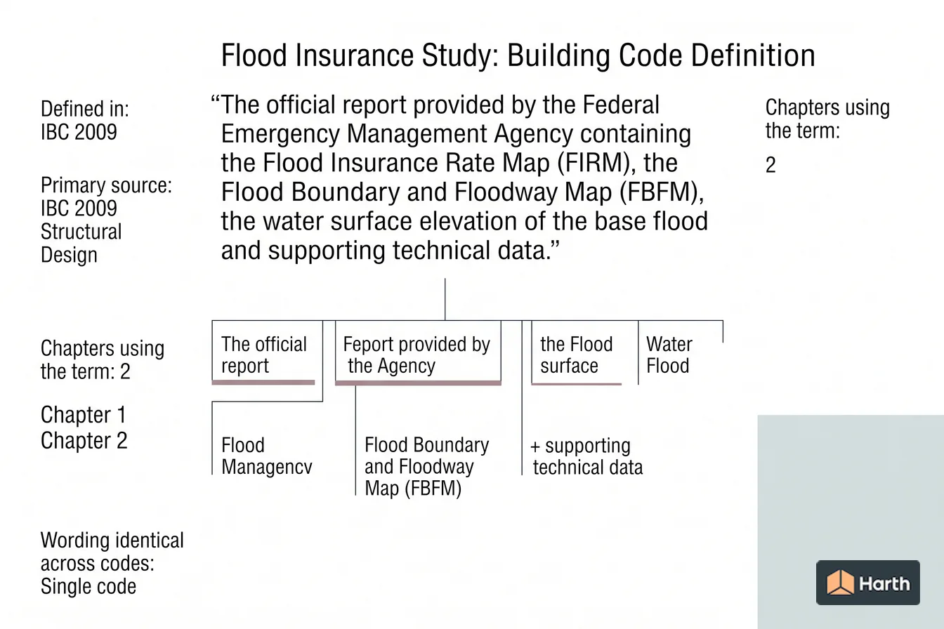 Labeled code-term definition diagram: Flood Insurance Study: Building Code Definition