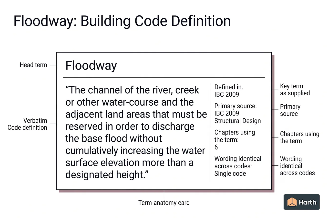 Labeled code-term definition diagram: Floodway: Building Code Definition