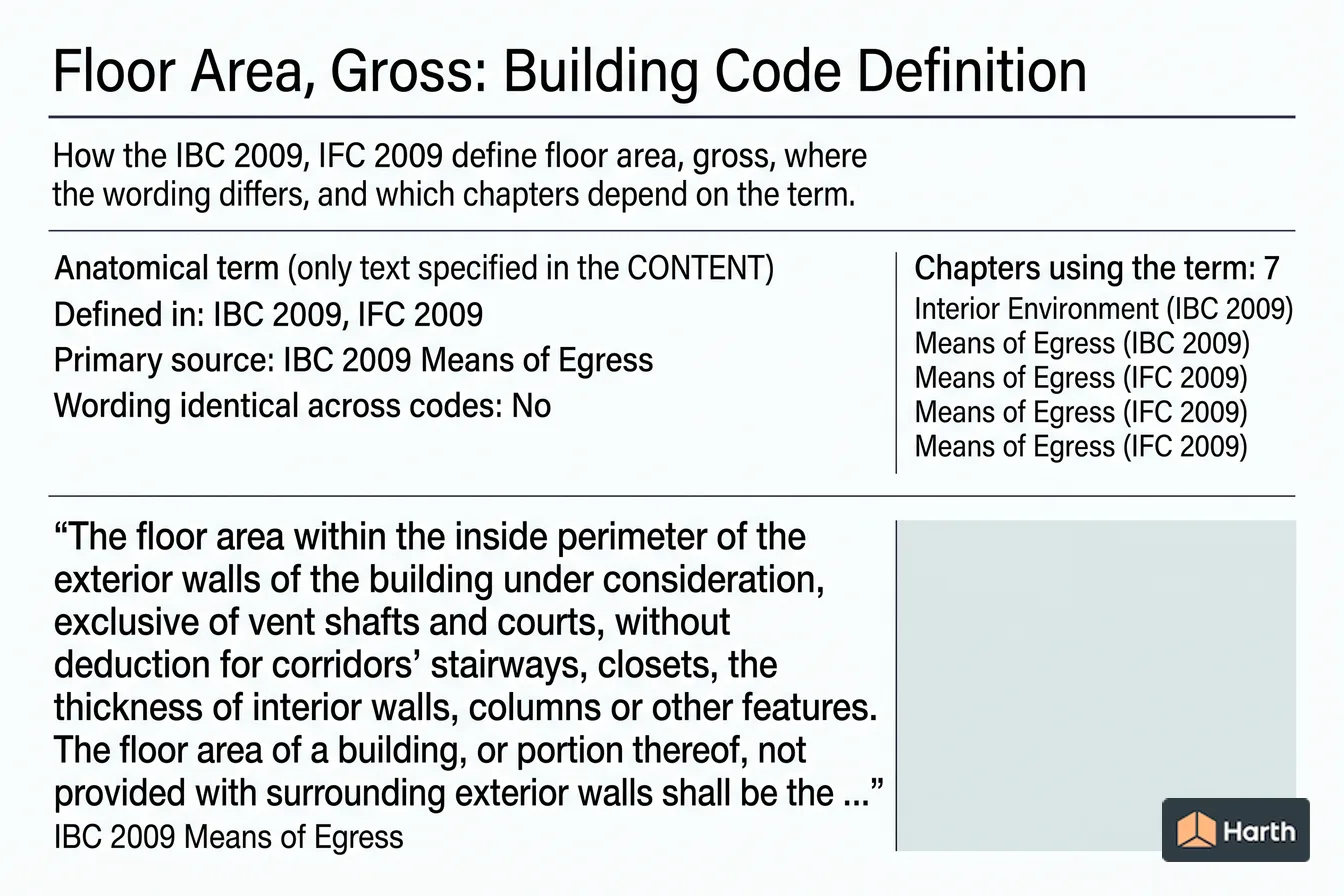 Labeled code-term definition diagram: Floor Area, Gross: Building Code Definition