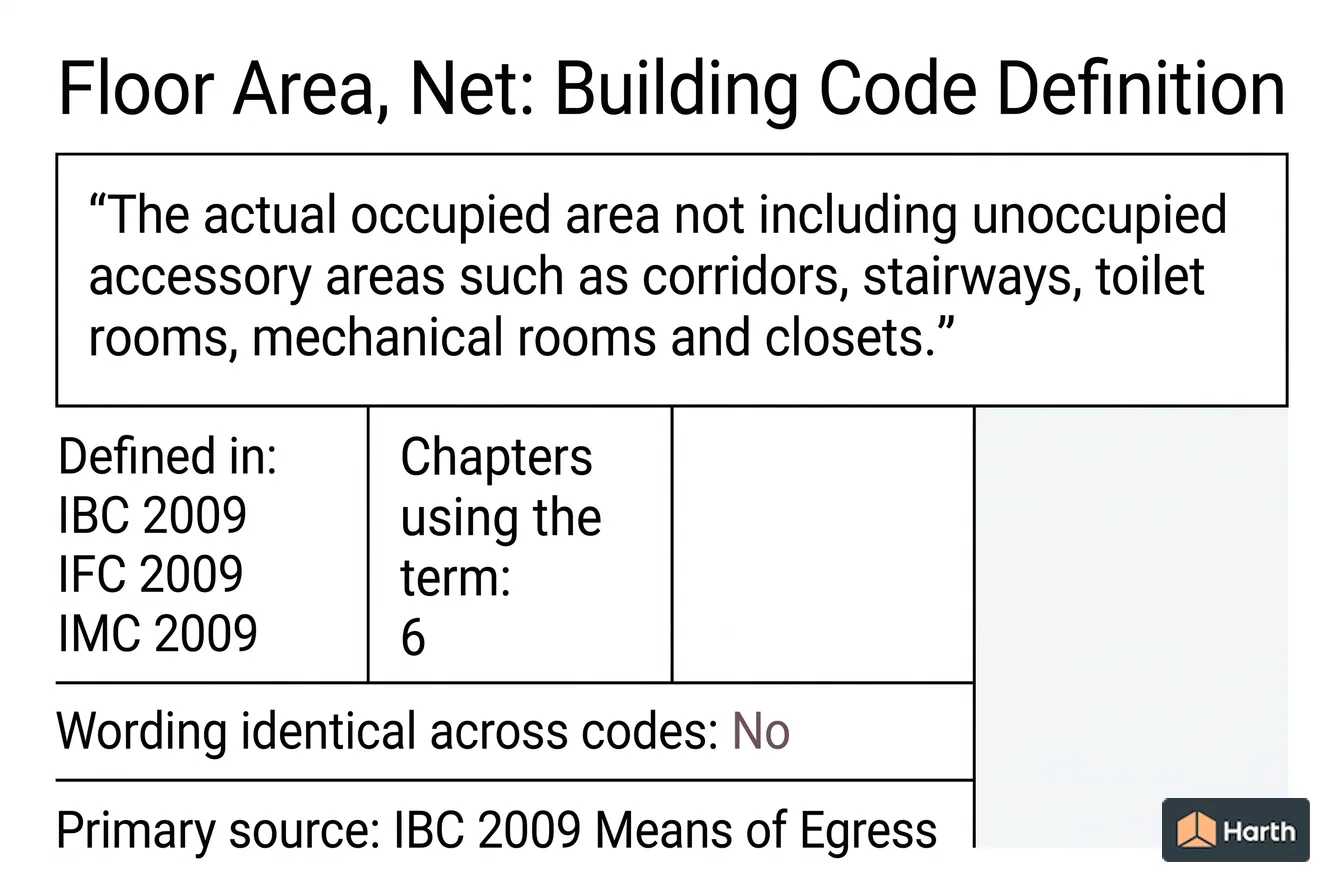 Labeled code-term definition diagram: Floor Area, Net: Building Code Definition