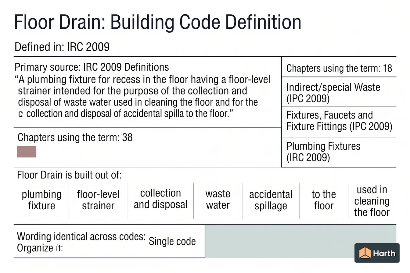 Labeled code-term definition diagram: Floor Drain: Building Code Definition