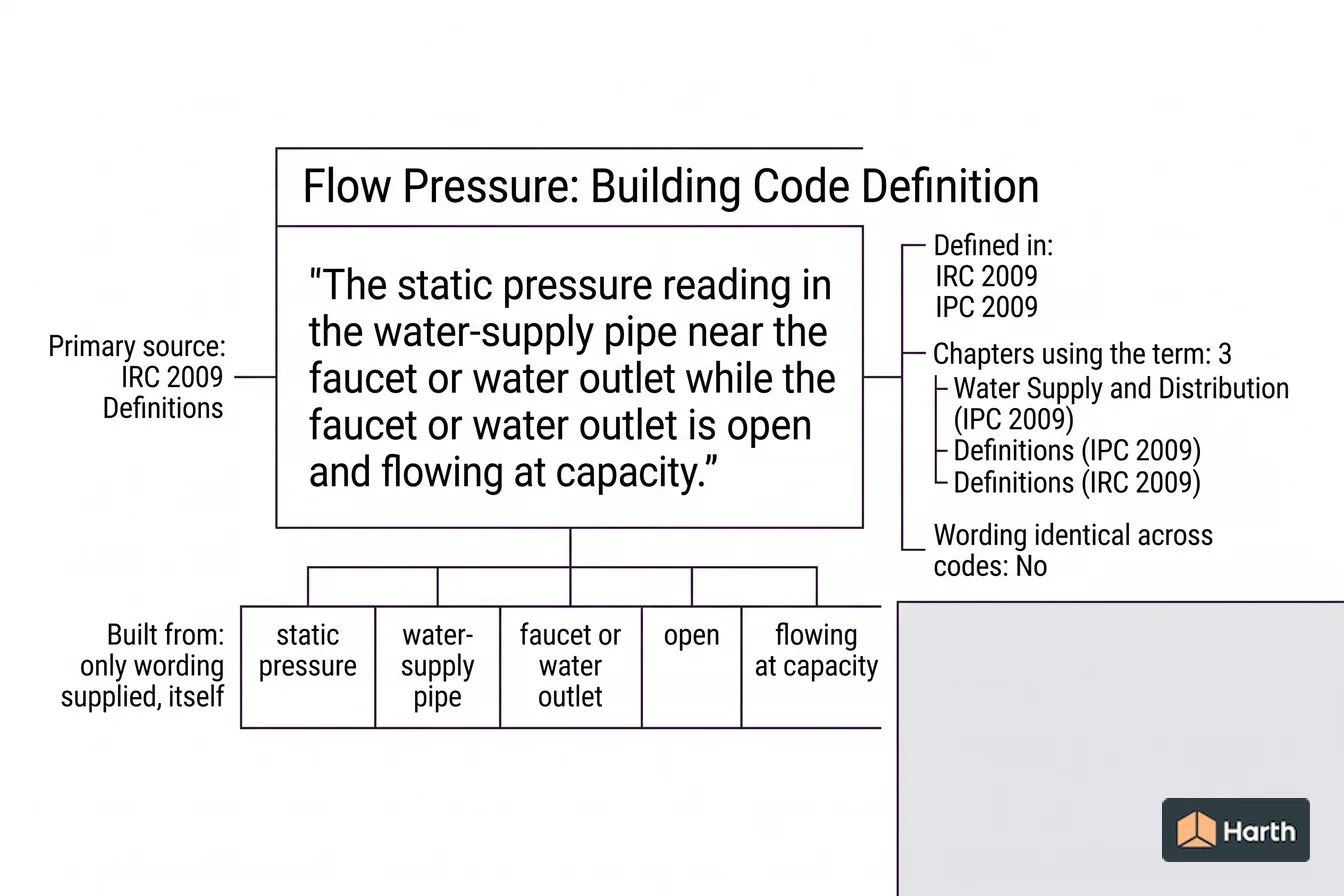 Labeled code-term definition diagram: Flow Pressure: Building Code Definition