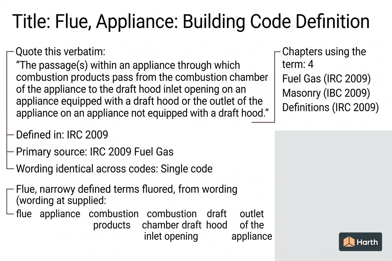 Labeled code-term definition diagram: Flue, Appliance: Building Code Definition
