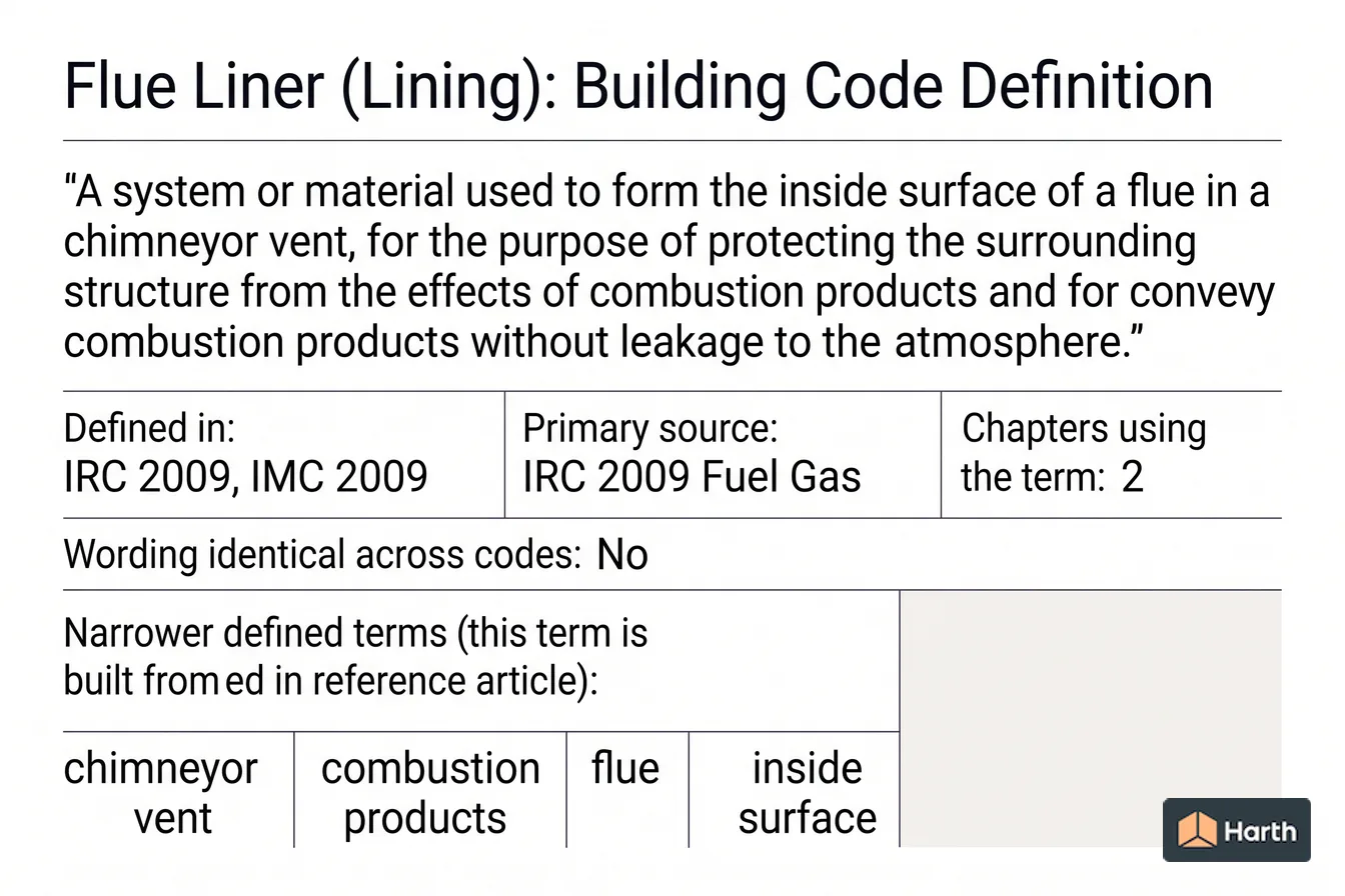 Labeled code-term definition diagram: Flue Liner (Lining): Building Code Definition