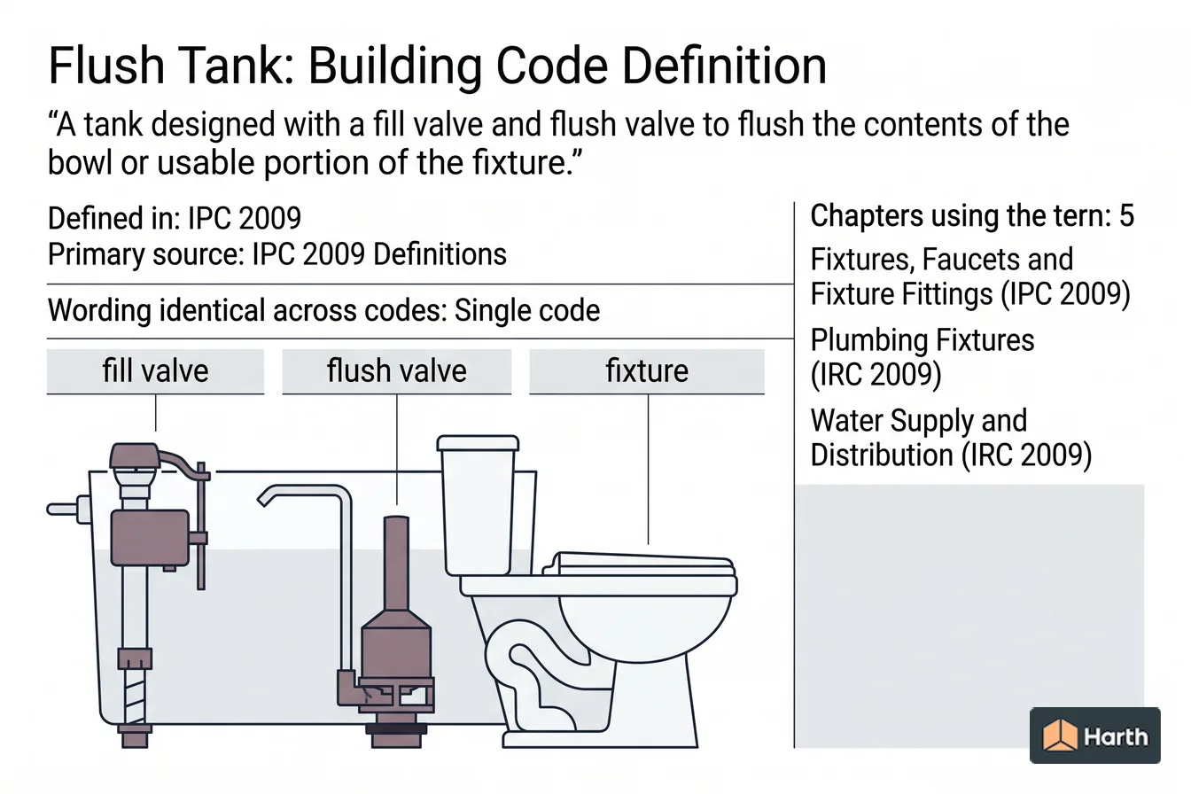 Labeled code-term definition diagram: Flush Tank: Building Code Definition