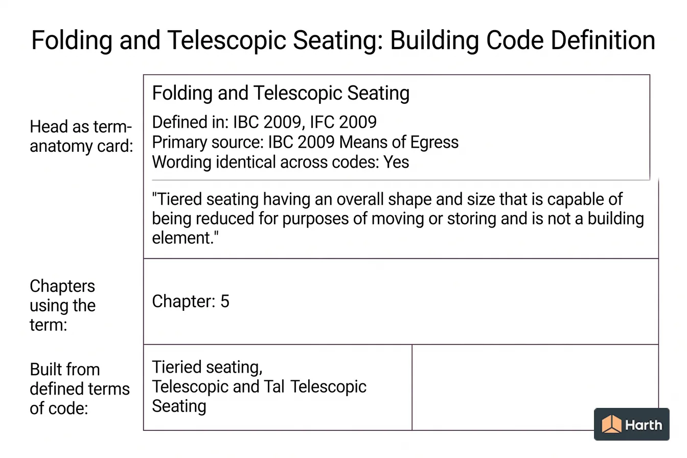 Labeled code-term definition diagram: Folding and Telescopic Seating: Building Code Definition