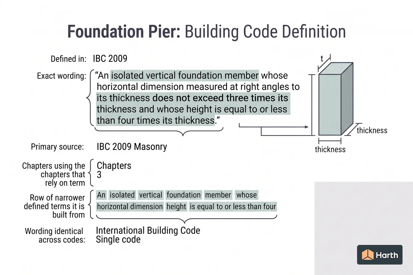 Labeled code-term definition diagram: Foundation Pier: Building Code Definition