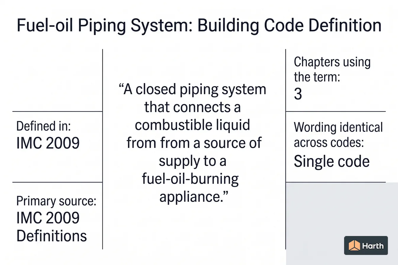 Labeled code-term definition diagram: Fuel-oil Piping System: Building Code Definition