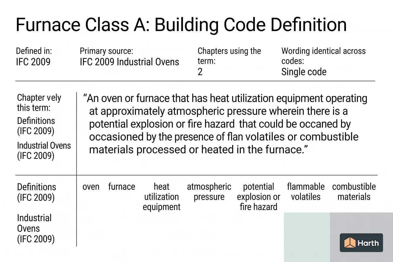 Labeled code-term definition diagram: Furnace Class A: Building Code Definition
