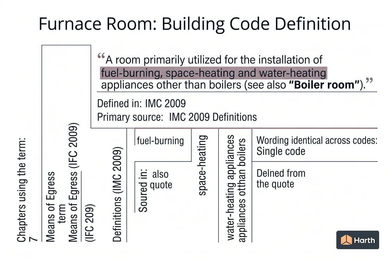 Labeled code-term definition diagram: Furnace Room: Building Code Definition
