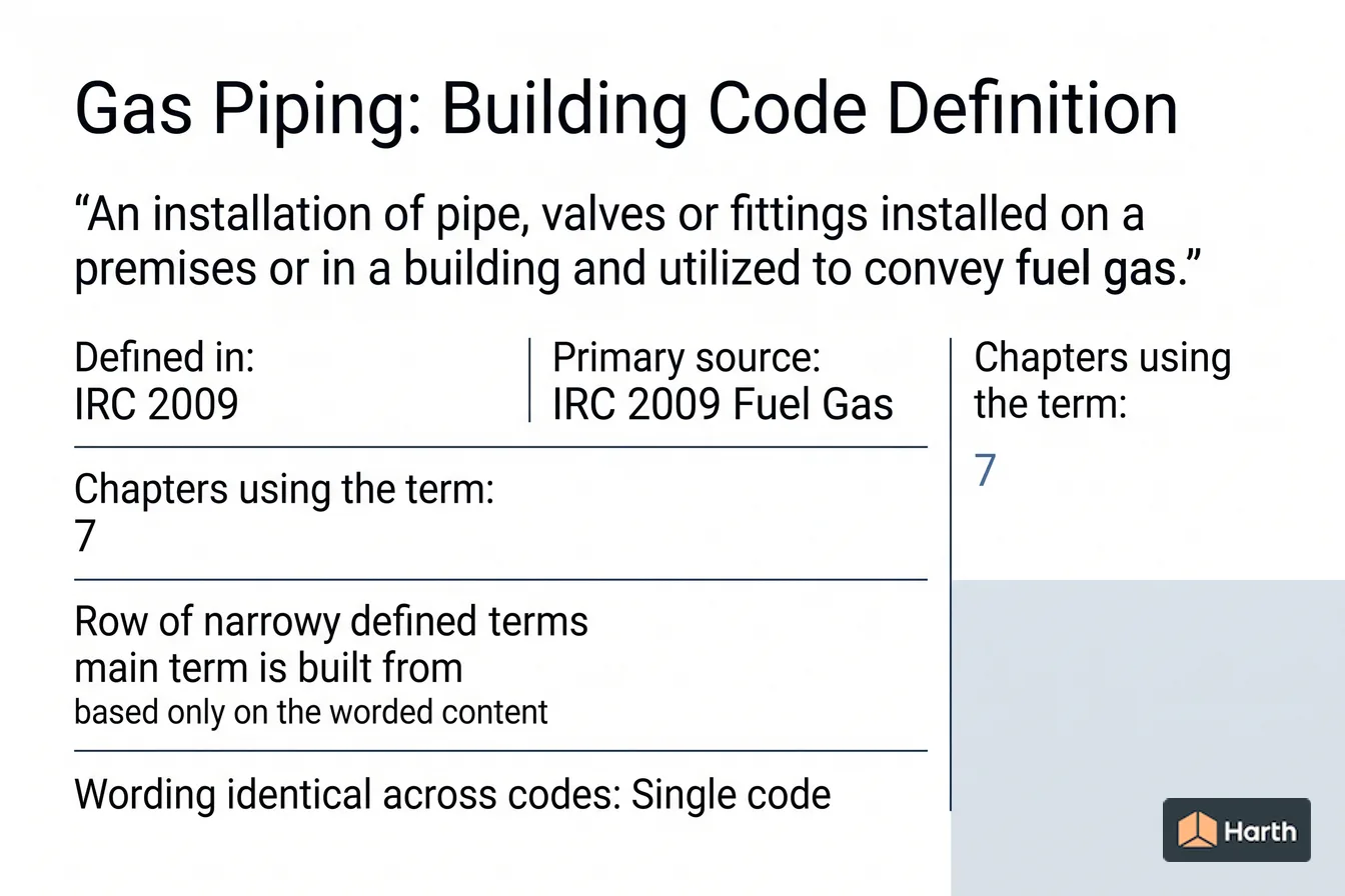 Labeled code-term definition diagram: Gas Piping: Building Code Definition