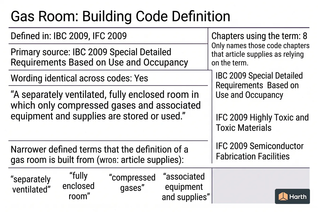 Labeled code-term definition diagram: Gas Room: Building Code Definition