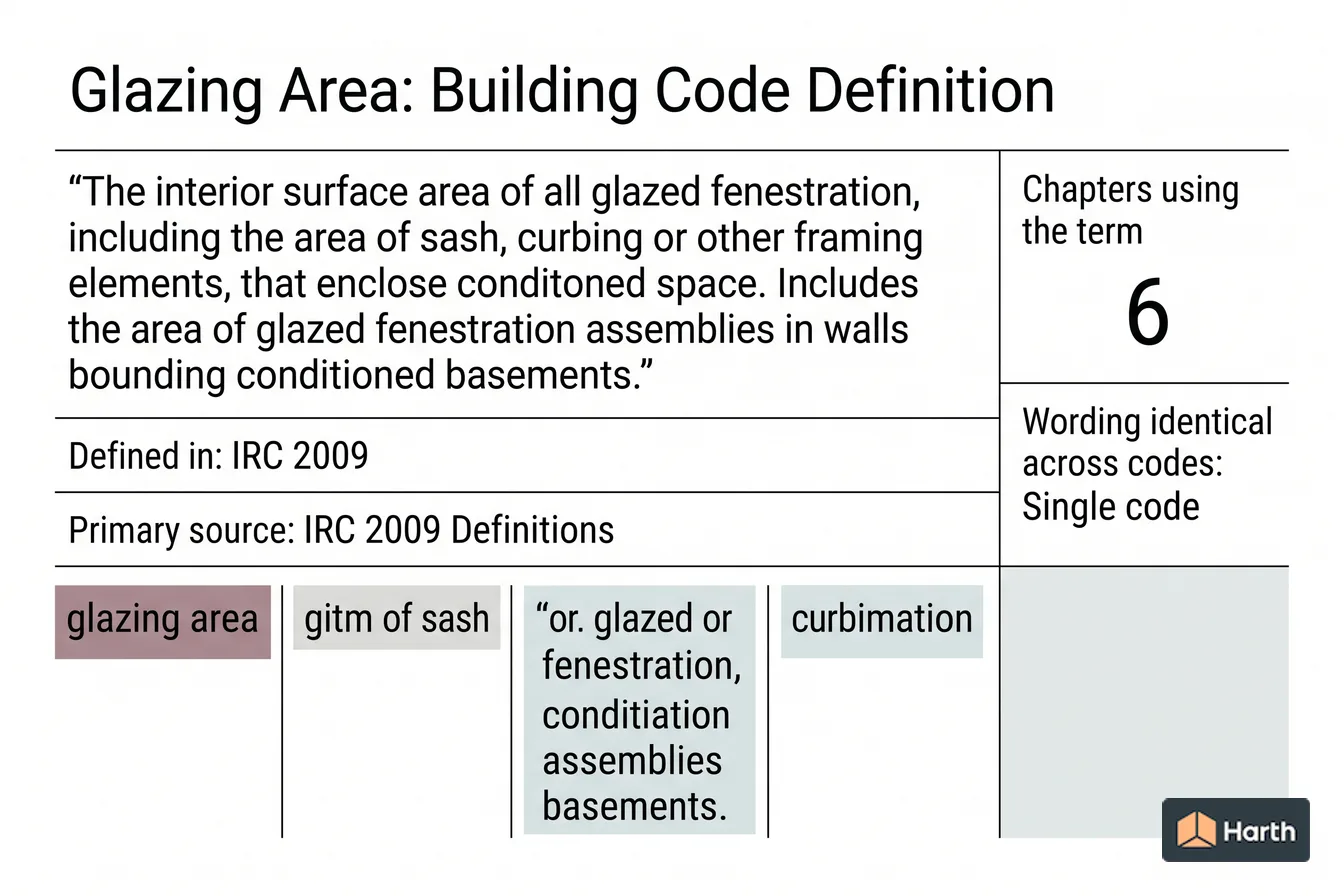 Labeled code-term definition diagram: Glazing Area: Building Code Definition