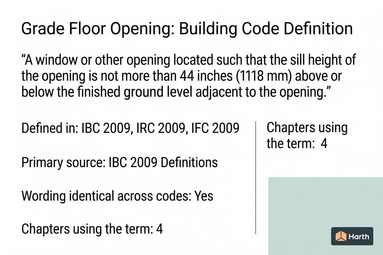 Labeled code-term definition diagram: Grade Floor Opening: Building Code Definition
