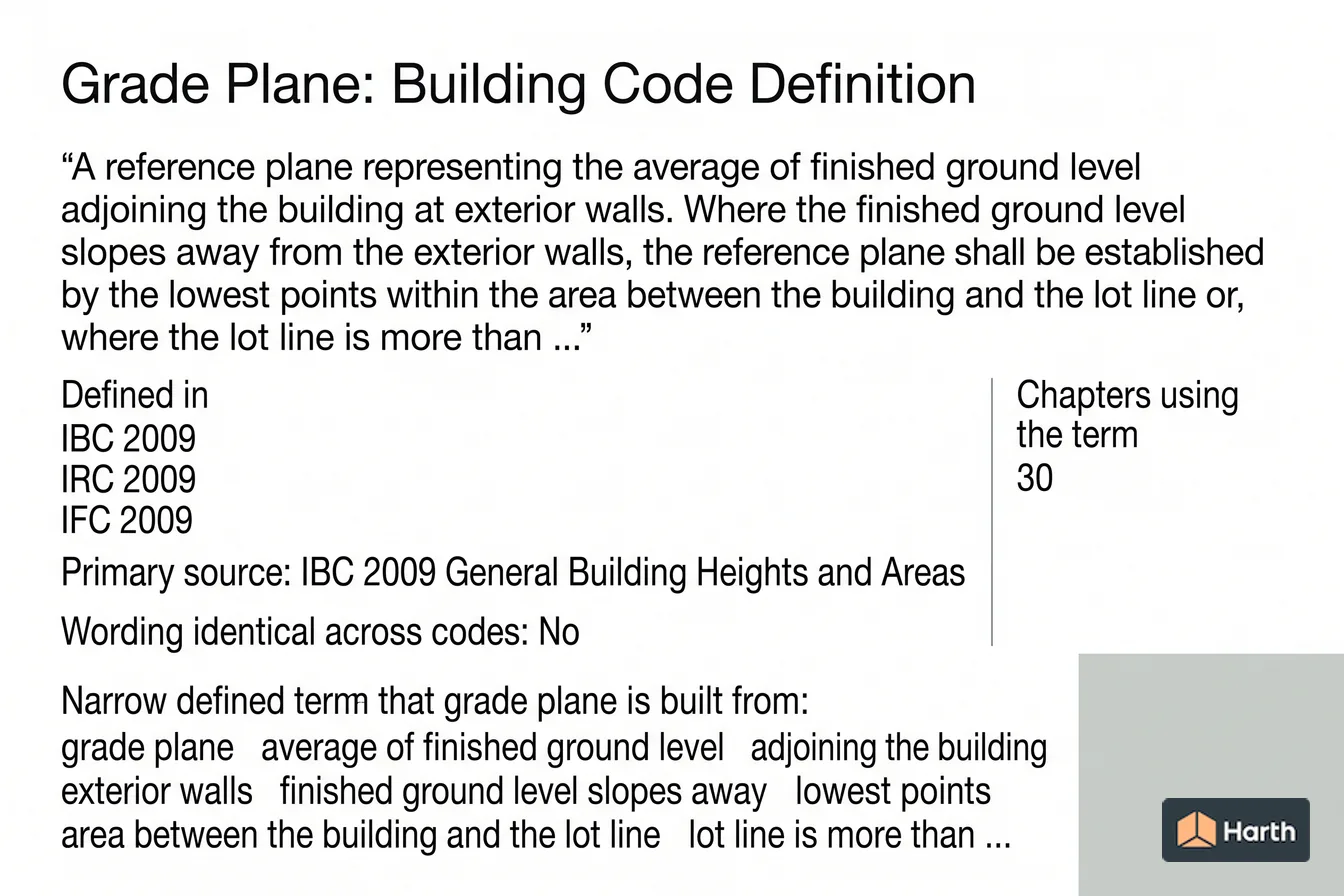 Labeled code-term definition diagram: Grade Plane: Building Code Definition