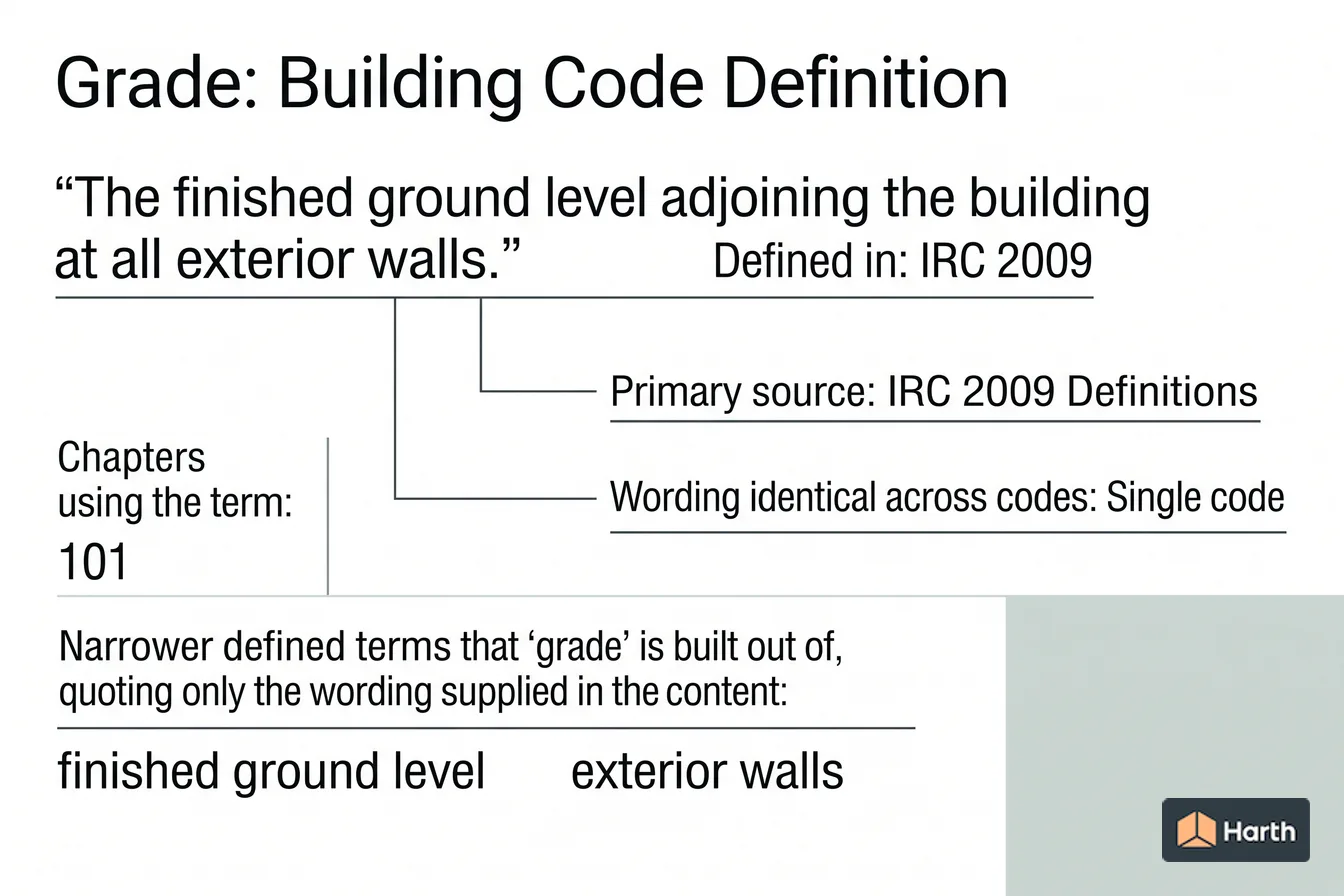 Labeled code-term definition diagram: Grade: Building Code Definition