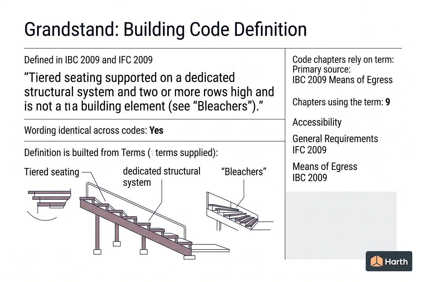 Labeled code-term definition diagram: Grandstand: Building Code Definition