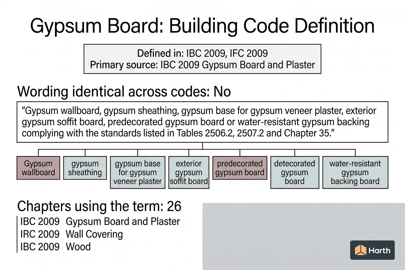 Labeled code-term definition diagram: Gypsum Board: Building Code Definition