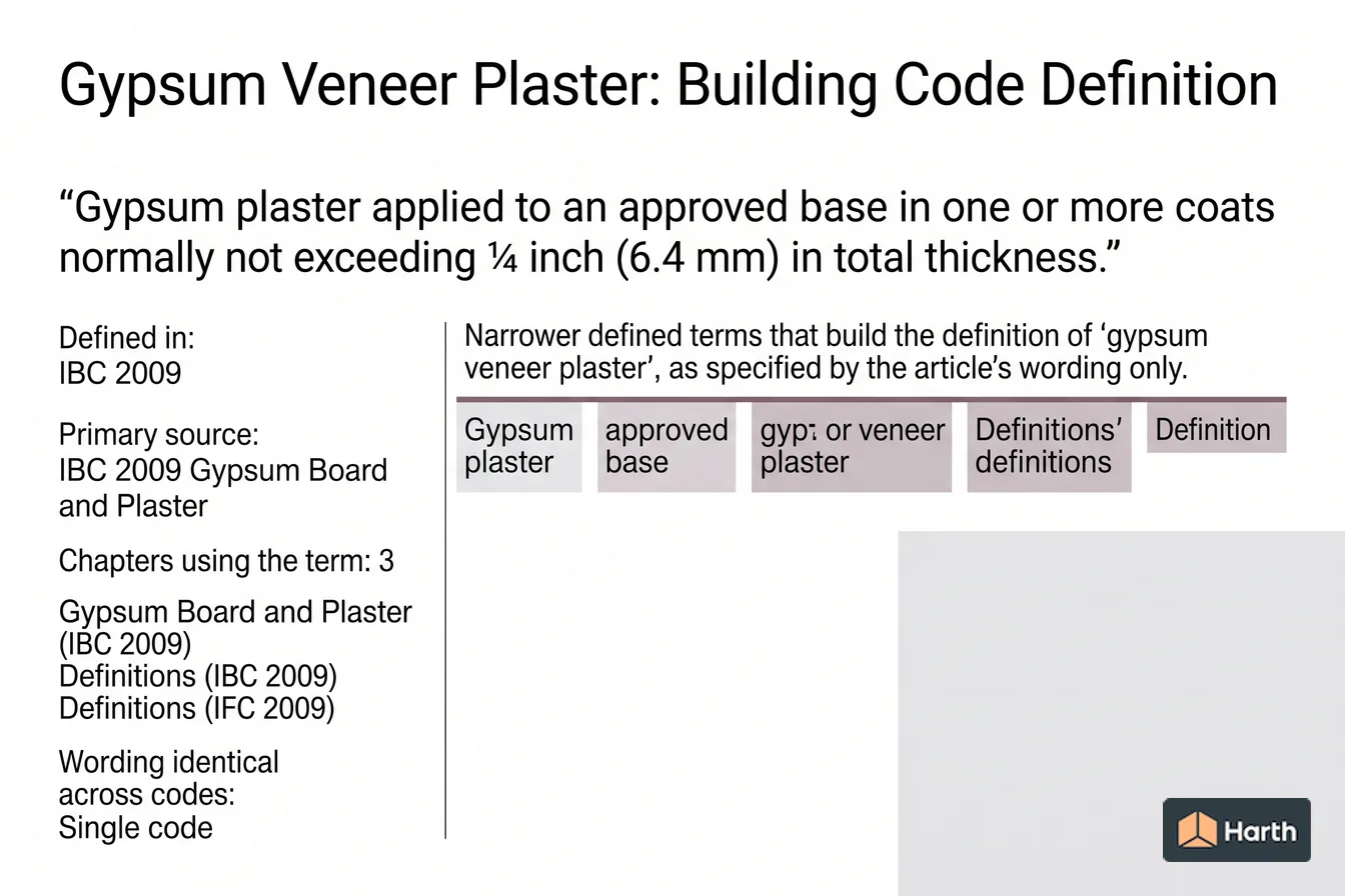 Labeled code-term definition diagram: Gypsum Veneer Plaster: Building Code Definition