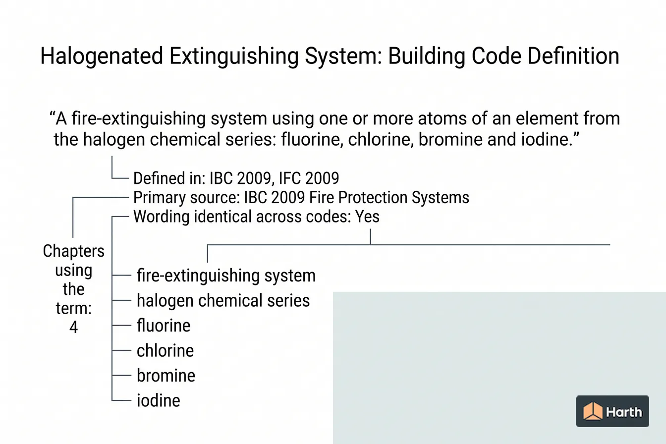Labeled code-term definition diagram: Halogenated Extinguishing System: Building Code Definition