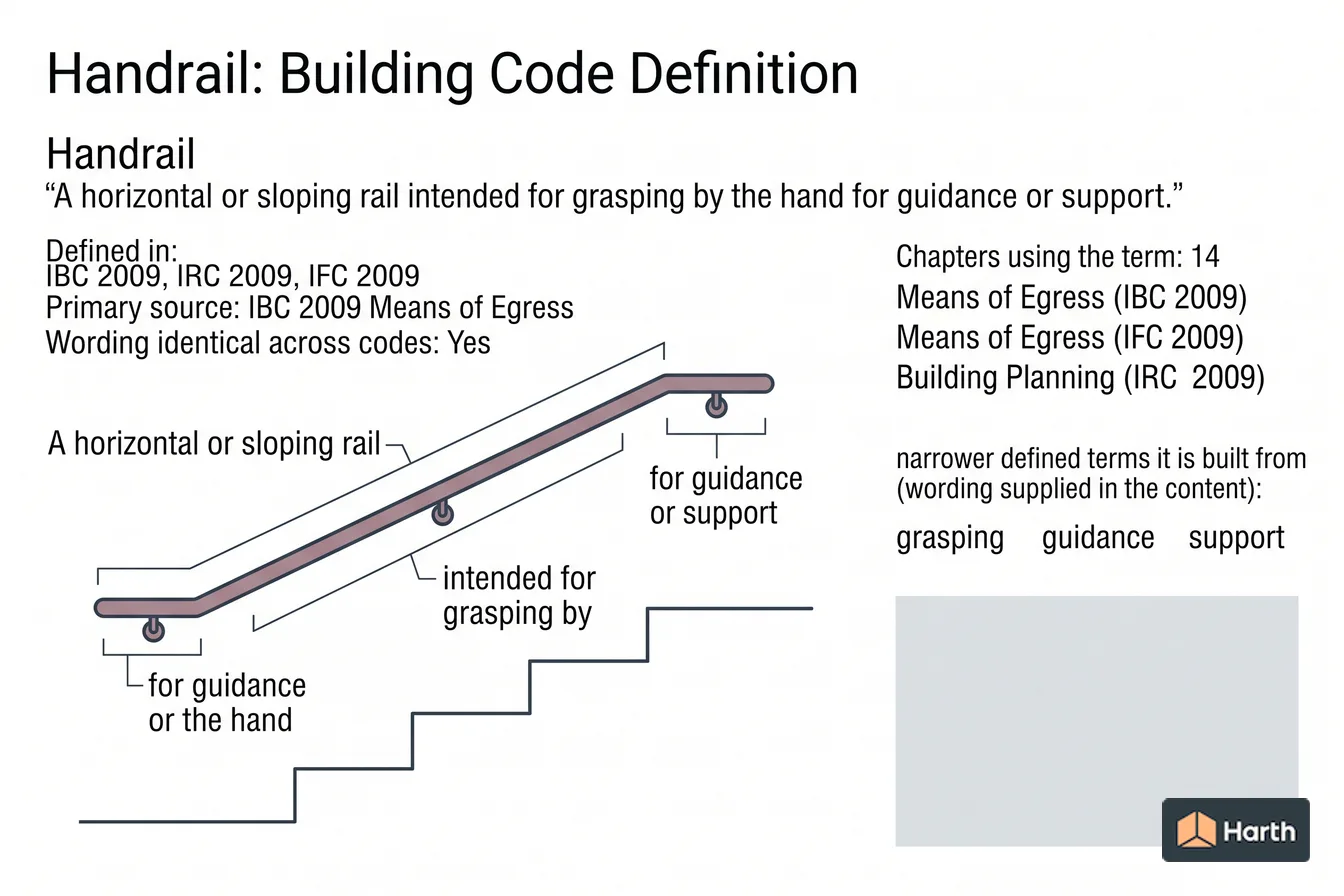 Labeled code-term definition diagram: Handrail: Building Code Definition