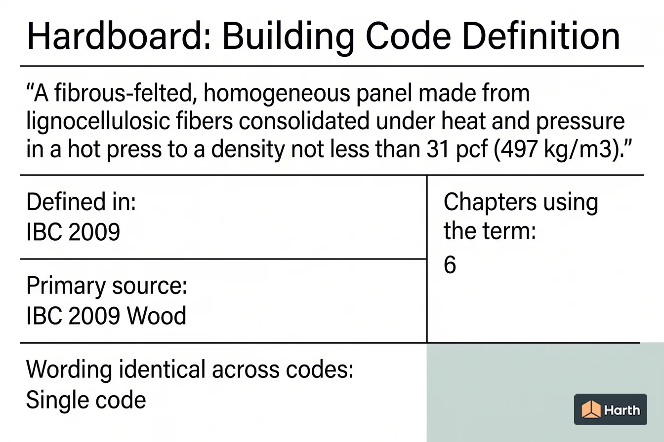 Labeled code-term definition diagram: Hardboard: Building Code Definition