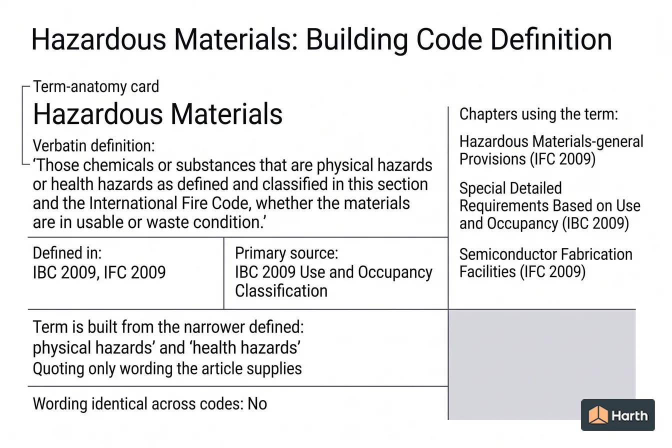 Labeled code-term definition diagram: Hazardous Materials: Building Code Definition