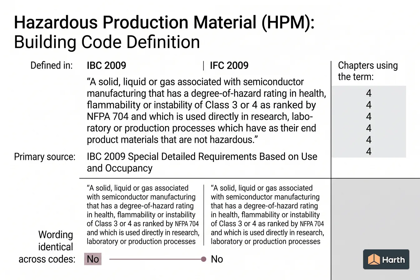 Labeled code-term definition diagram: Hazardous Production Material (HPM): Building Code Definition