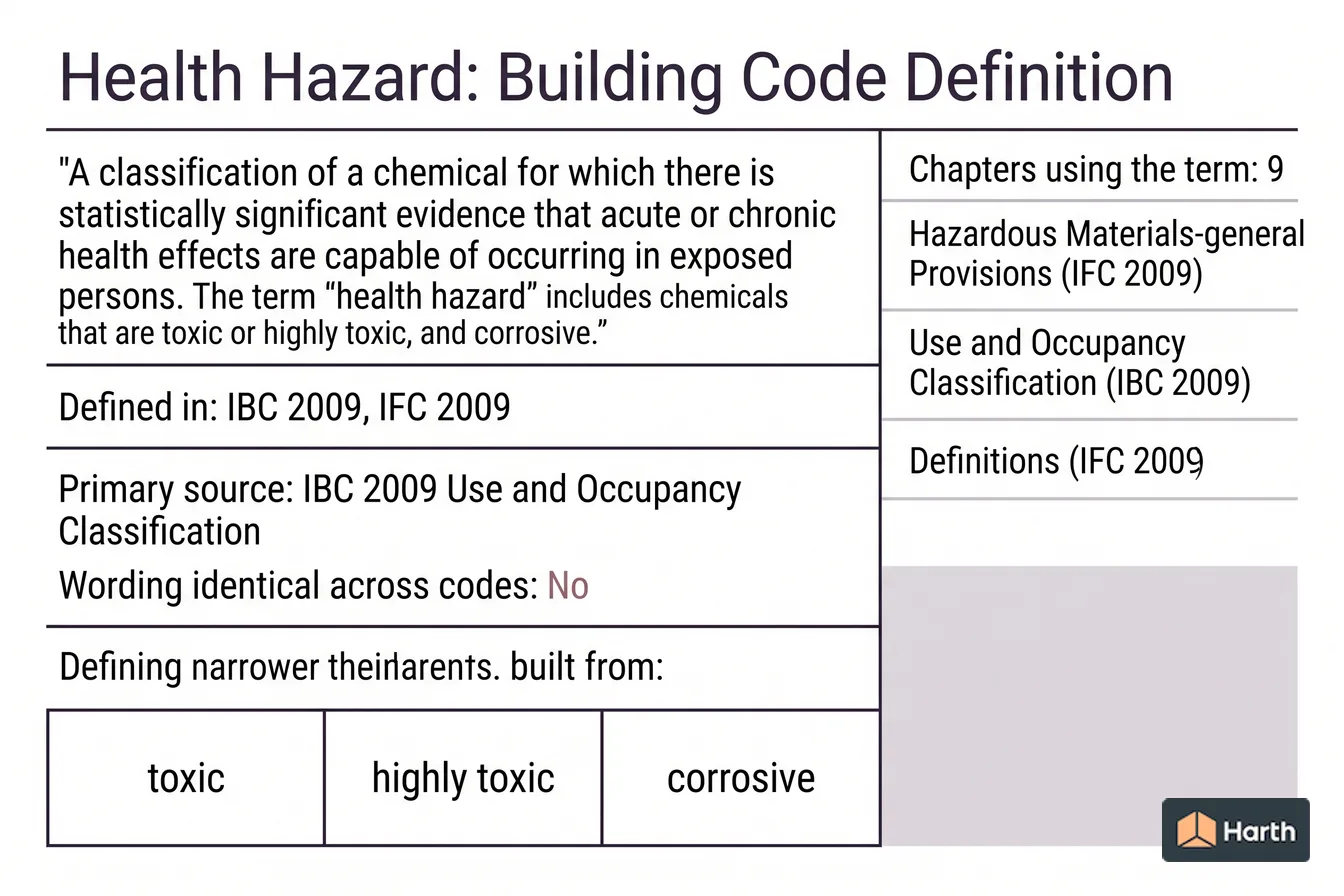 Labeled code-term definition diagram: Health Hazard: Building Code Definition