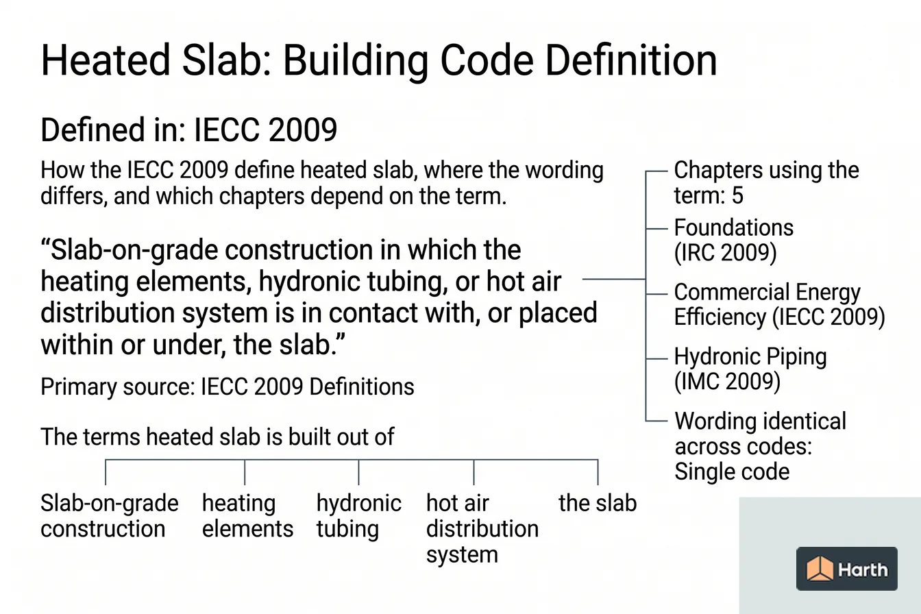 Labeled code-term definition diagram: Heated Slab: Building Code Definition