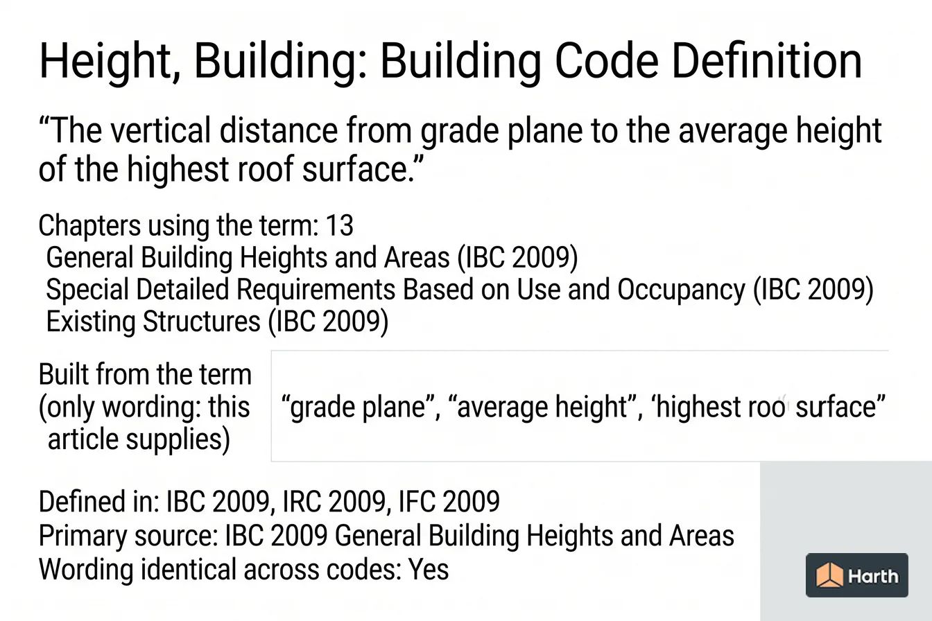 Labeled code-term definition diagram: Height, Building: Building Code Definition
