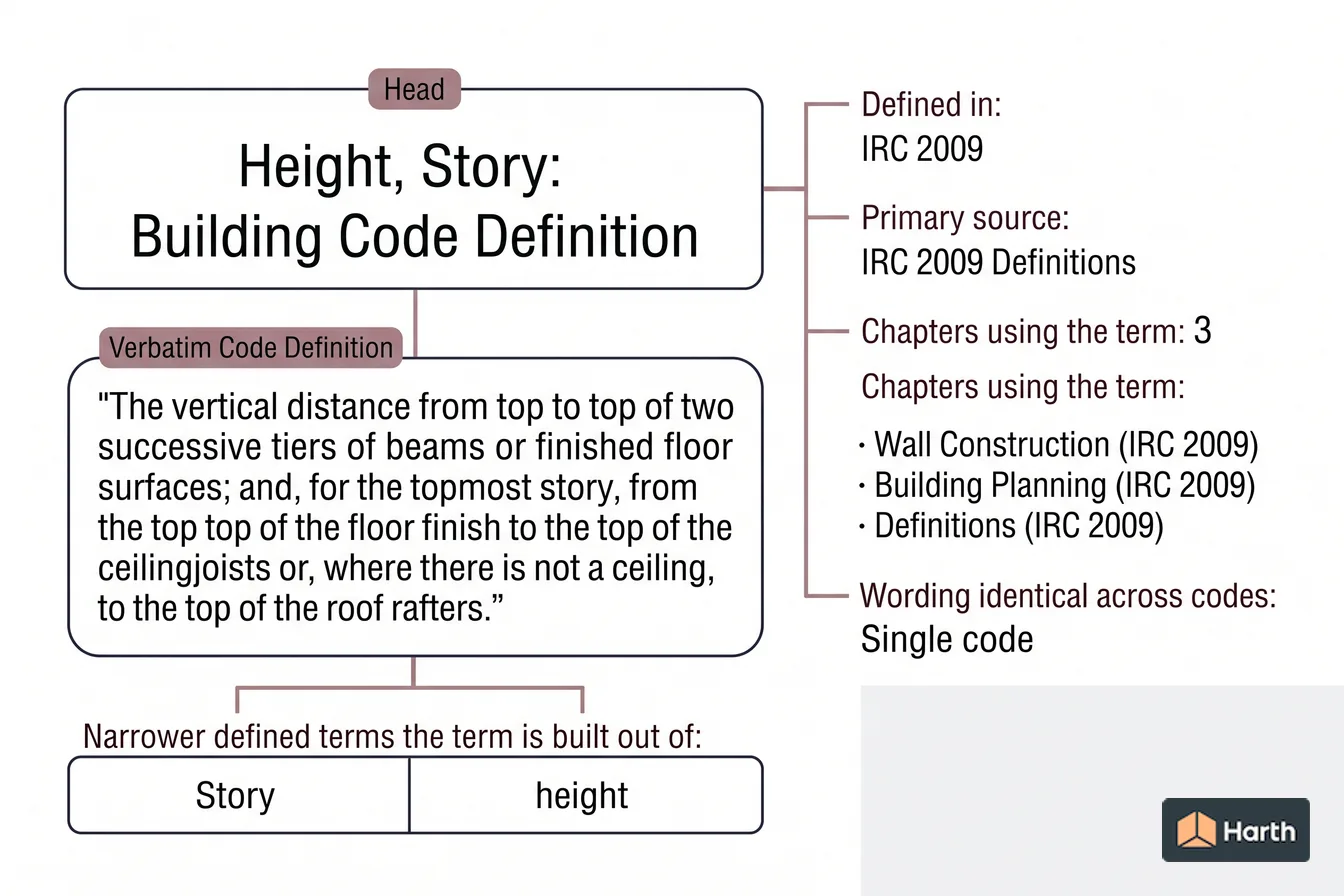 Labeled code-term definition diagram: Height, Story: Building Code Definition