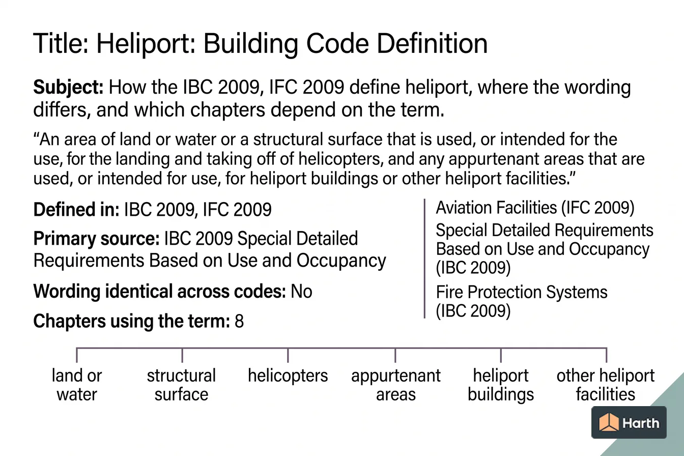 Labeled code-term definition diagram: Heliport: Building Code Definition