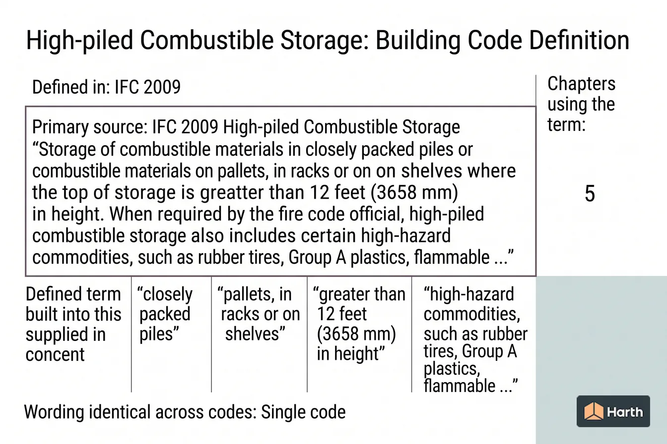 Labeled code-term definition diagram: High-piled Combustible Storage: Building Code Definition