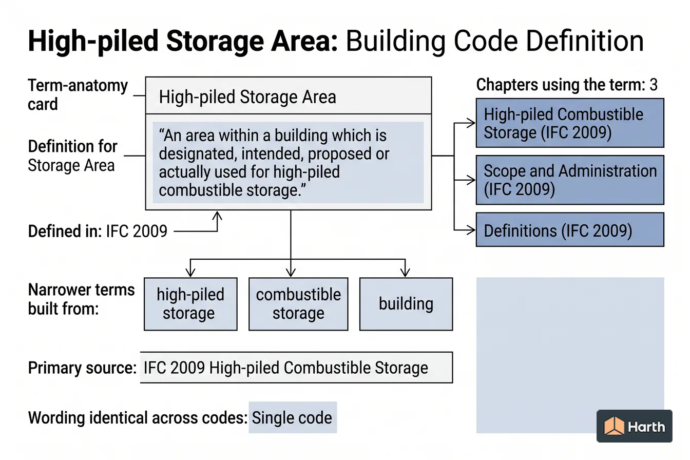 Labeled code-term definition diagram: High-piled Storage Area: Building Code Definition