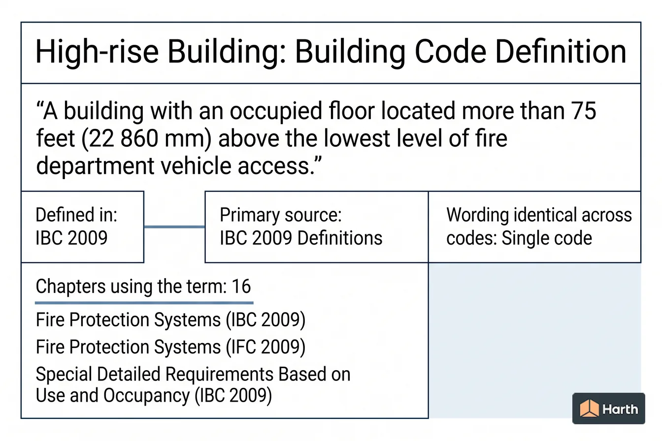 Labeled code-term definition diagram: High-rise Building: Building Code Definition