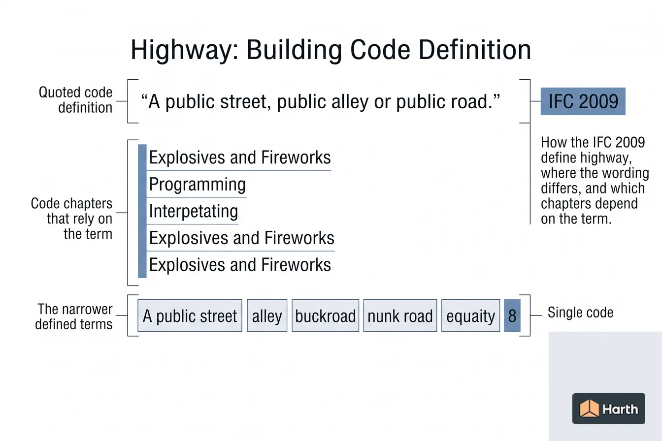 Labeled code-term definition diagram: Highway: Building Code Definition