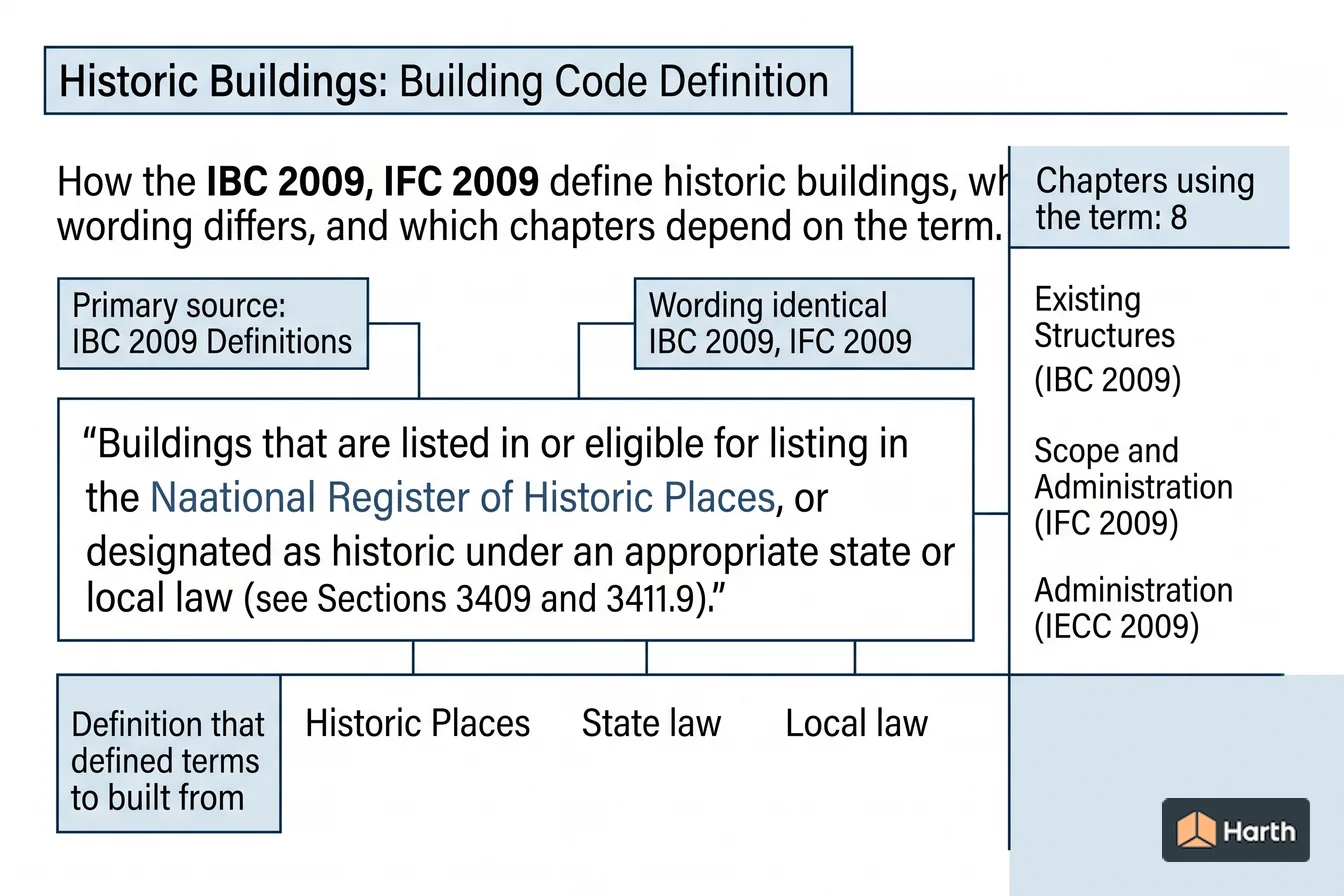 Labeled code-term definition diagram: Historic Buildings: Building Code Definition