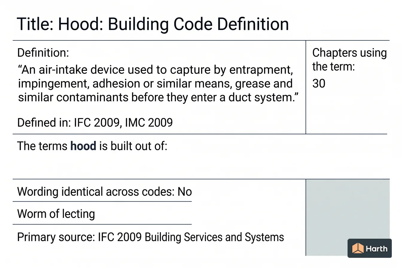 Labeled code-term definition diagram: Hood: Building Code Definition
