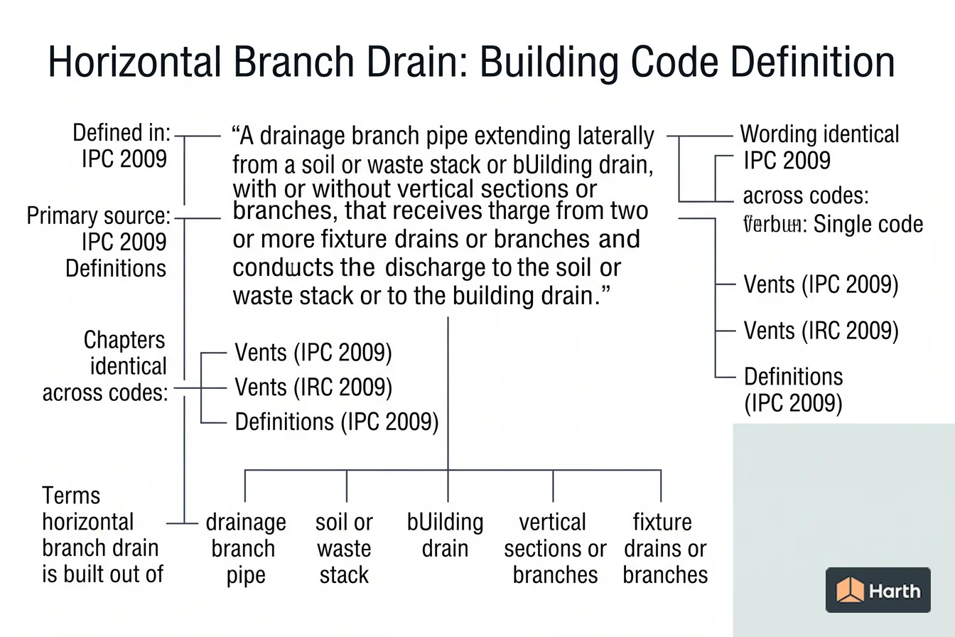 Labeled code-term definition diagram: Horizontal Branch Drain: Building Code Definition