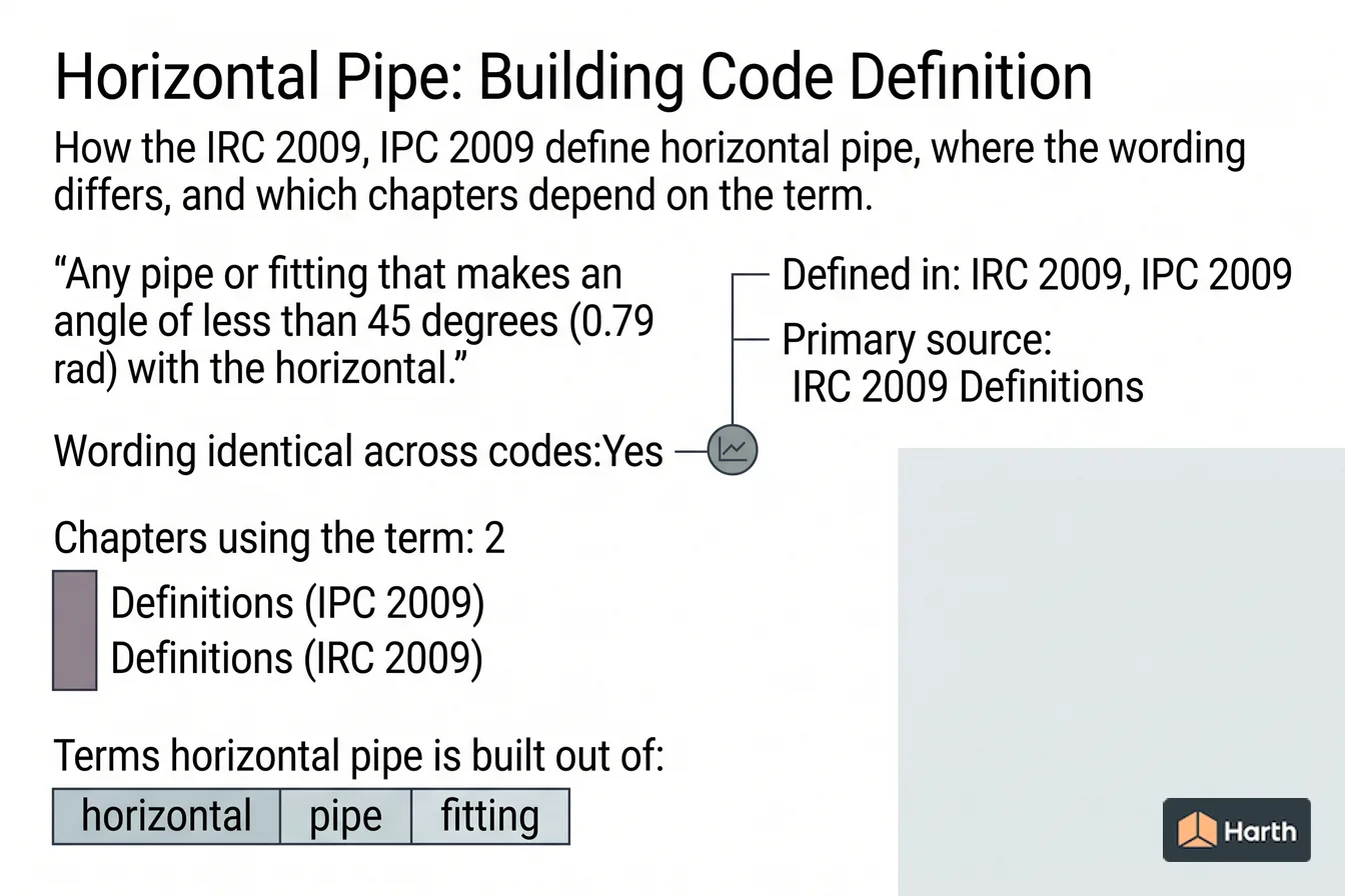 Labeled code-term definition diagram: Horizontal Pipe: Building Code Definition