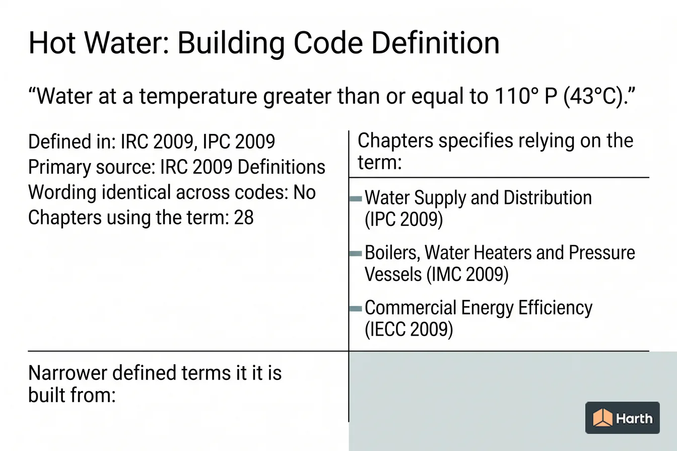 Labeled code-term definition diagram: Hot Water: Building Code Definition