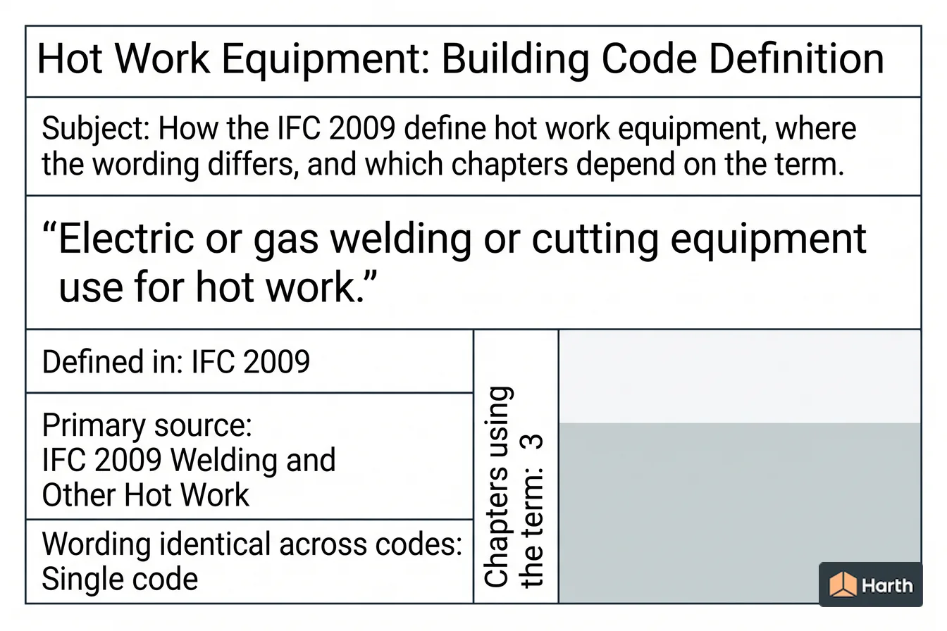 Labeled code-term definition diagram: Hot Work Equipment: Building Code Definition