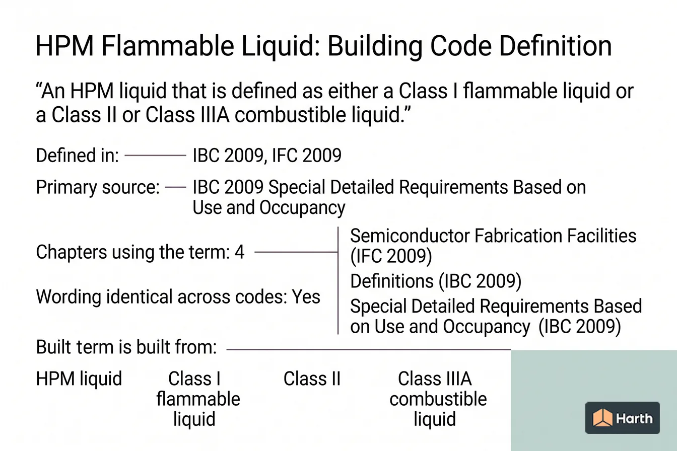 Labeled code-term definition diagram: HPM Flammable Liquid: Building Code Definition