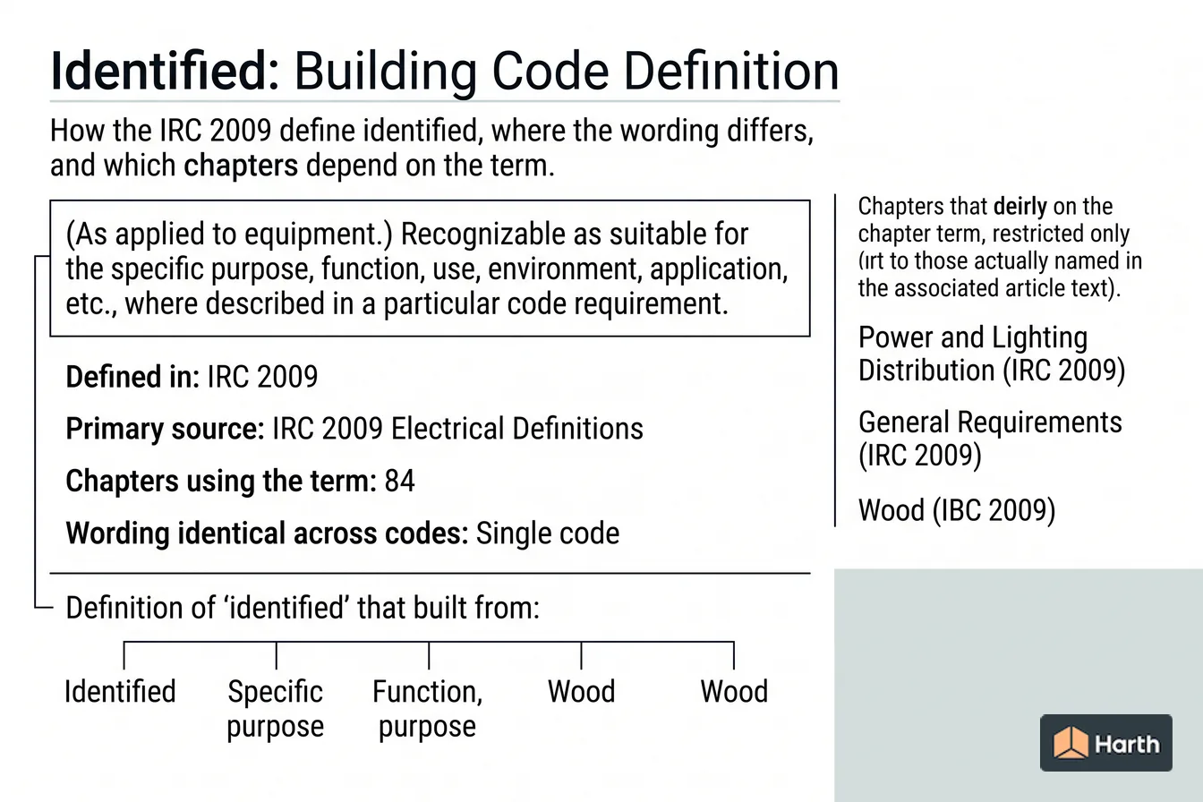 Labeled code-term definition diagram: Identified: Building Code Definition