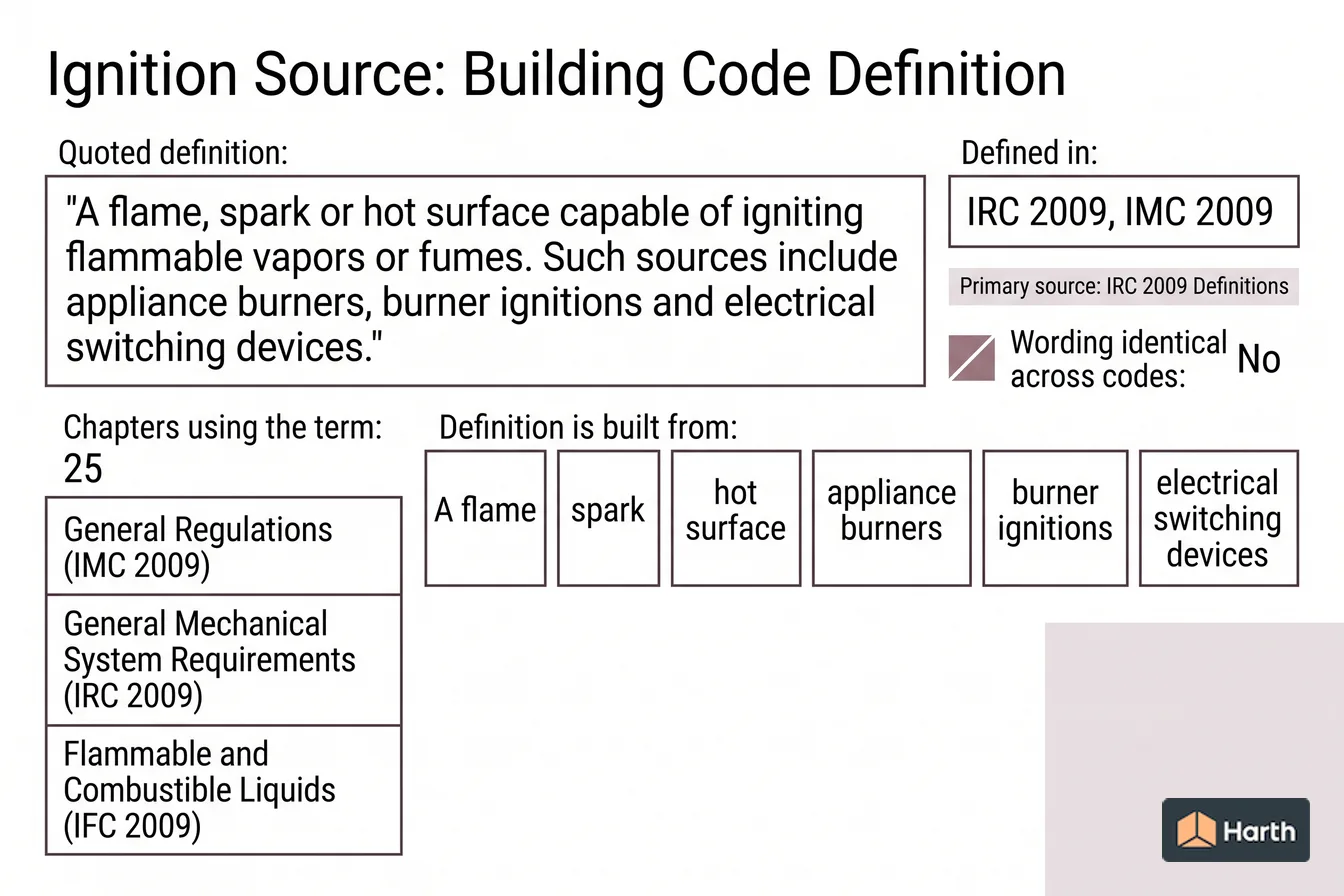Labeled code-term definition diagram: Ignition Source: Building Code Definition