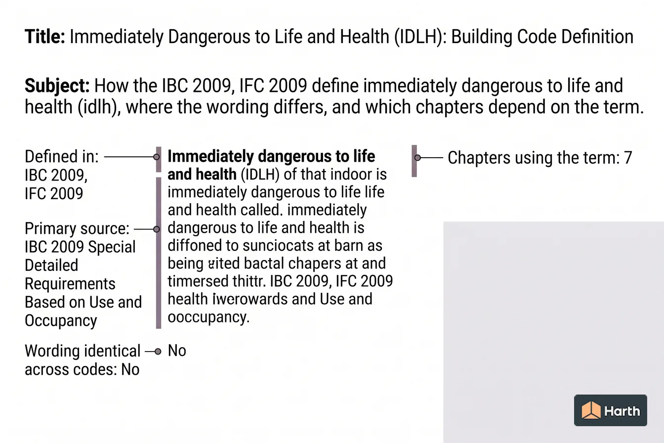 Labeled code-term definition diagram: Immediately Dangerous to Life and Health (IDLH): Building Code Definition