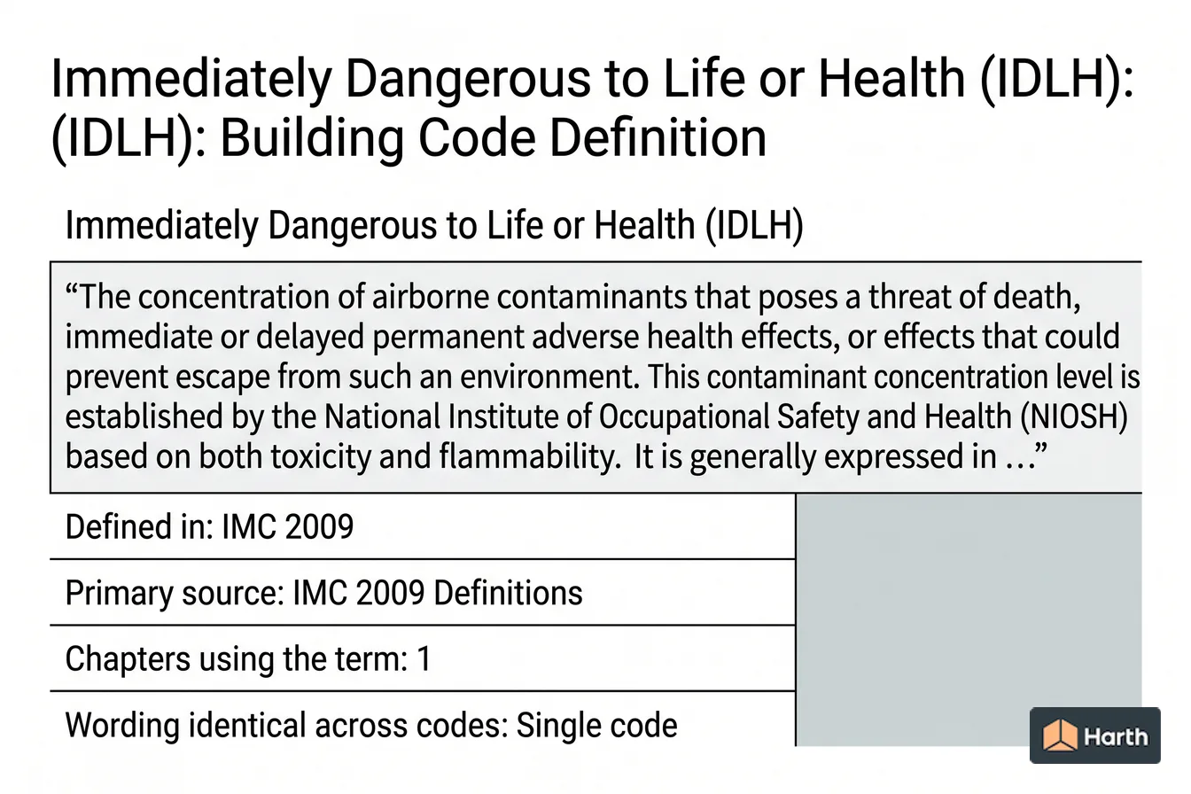 Labeled code-term definition diagram: Immediately Dangerous to Life or Health (IDLH): Building Code Definition