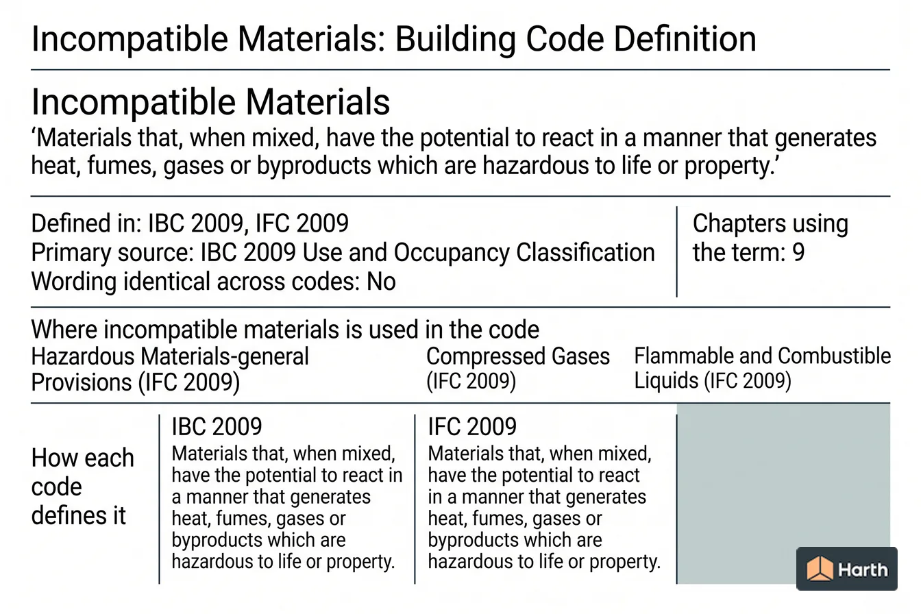 Labeled code-term definition diagram: Incompatible Materials: Building Code Definition
